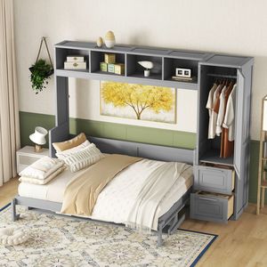 Lit Murphy gris taille Queen avec placard et tiroirs, design lit mural - Product Image 4