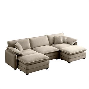 Divano Modulare a 3 Posti a U in Velluto a Coste Color Cammello, Oversize, con Pouf Convertibili e 2 Poggiapiedi per Soggiorno - Product Image 5