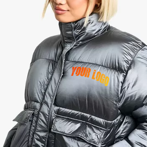 Unisex Black Puffer <b>Jacket</b> Stand Collar Zipper Closure Quilted Windproof Thick Winter Coat Front Logo Printing Casual Style - Product Image 2