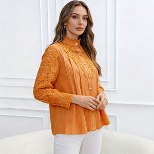 Oferta especial en Temu |   Blusa Elegante de Encaje Naranja para Mujer, Cuello Alto, Botones, Manga Larga, Camisa Casual para Uso Diario - Product Image 5