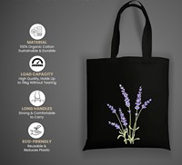 Sac fourre-tout en toile noire avec broderie lavande, fermeture éclair, style minimaliste, sac de voyage pour femme, utilisation toutes saisons