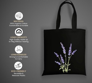 Sac fourre-tout en toile noire avec broderie lavande, fermeture éclair, style minimaliste, sac de voyage pour femme, utilisation toutes saisons - Product Image 3