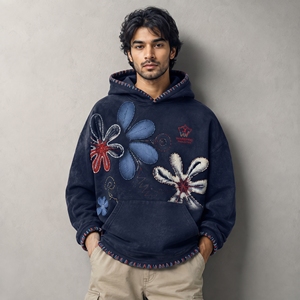 Fashion and Everyday Comfort Men Vintage Wash Embroidery Hoodie Distressed Pullover Sweatshirt for Streetwear - Product Image 4