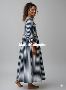 U Neck Cotton Floor Length <b>A</b> <b>LINE</b> <b>Dress</b> Three Quarter Puff Sleeves Handblock <b>Pattern</b> Women's Daily Wear Embroidery Detail - Product Image 4