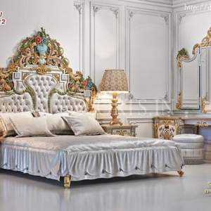 Cama tallada y mesitas de noche Estilo Vintage, mueble de dormitorio tallado a mano tradicional indio, parte trasera alta, cama tallada dorada - Product Image 6