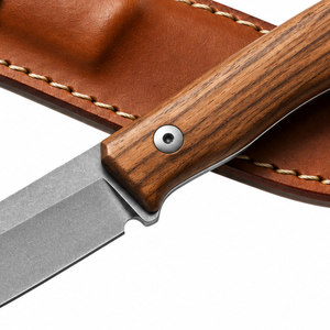 Couteaux de chasse d'extérieur à manche en bois brun moyen avec lame fixe grise, poignée ergonomique, étui en cuir marron et cordon de suspension - Product Image 6
