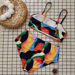 Geometric Print Bikini <b>Set</b> <b>Square</b> Neck High Waist Spandex Polyester Two Piece Swimwear - Product Image 5