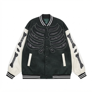 Veste bomber unisexe surdimensionnée pour homme avec applique squelette, manches en cuir, style streetwear hip-hop vintage - Product Image 1