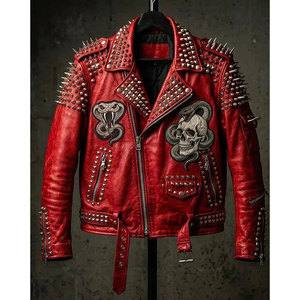 Chaqueta de cuero roja para hombre con tachuelas, estilo motero, punk, calavera, serpiente, gótica, con púas, venta al por mayor de fábrica - Product Image 4