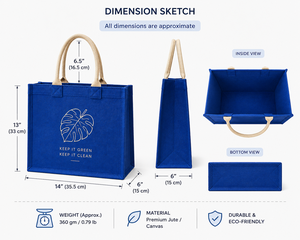 Bolsa de Viaje de Yute Azul con Asa de Cuerda, Tamaño Grande, Ecológica, Reutilizable, para Uso en el Aeropuerto - Product Image 2