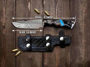 Damascus Steel Drop Point Hunting Knife With Wood Handle Blue Inlay Non Adjustable Blade Outdoor Survival <b>Tool</b> - Product Image 3