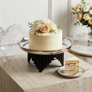 Metal Silver <b>Cake</b> <b>Stand</b> Elevated By Distinctive Fluted Architectural Black Pillars Perfect For Striking Dessert Presentations - Product Image 6