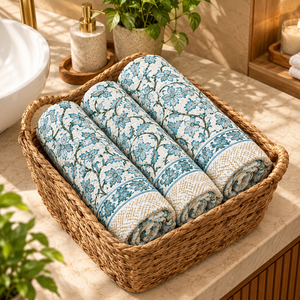 <b>Hand</b> Block Printed Cotton Bath <b>Towel</b> Set Blue Floral Indian Block Print <b>Towels</b> Soft Absorbent Printed <b>Bathroom</b> <b>Towels</b> - Product Image 3
