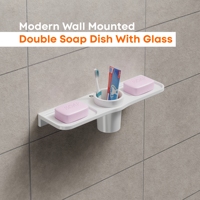 Élégante porte-savon double en mélamine avec support pour verre, organisateur mural de salle de bain, résistant à la rouille, support de rangement moderne