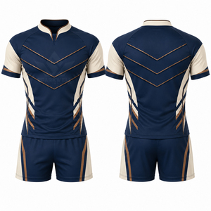 Ensemble de maillot de rugby bleu marine personnalisé pour hommes, manches courtes, col montant, polyester respirant sublimé, uniforme sportif d'équipe pour adultes - Product Image 5