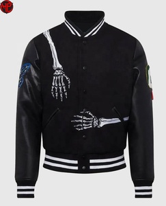 Chaqueta Varsity de Cuero PU Negra para Hombre, con Parche de Esqueleto Bordado, Estilo Punk, Chaqueta Letterman, Ropa Urbana de Otoño - Product Image 1