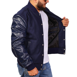 Customize Logo Unisex Leather Sleeve Geometric Pattern Stand Collar 100% Wool Breathable Varsity <b>Jacket</b> - Product Image 2