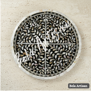 Plateau de service rond décoratif fait main en bois avec incrustation de nacre, motif végétal, décoration d'intérieur, cadeau de mariage - Product Image 2