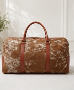 Cowhide Leather Weekender Duffel <b>Bag</b> Large Capacity Travel <b>Bag</b> <b>Zipper</b> Closure Brown Patterned Design - Product Image 3