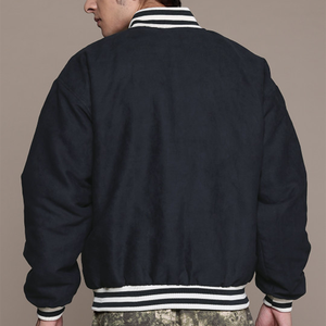 Reckless <b>Men's</b> Navy Varsity <b>Jacket</b> Embroidered Letter R Preppy Style Turn-down Collar Regular Fit Autumn Wear bomber embroidery - Product Image 3