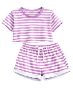Ensemble crop top et short rayé blanc lavande personnalisé pour femme – Tenue décontractée d'été deux pièces avec taille élastique – Vêtements de détente et streetwear - Product Image 1