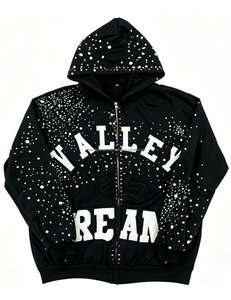 Sweat-shirt à capuche zippé noir pour homme Valley Dream en molleton French Terry coupe-vent avec motif à pois en strass, style streetwear oversize pour l'automne - Product Image 1