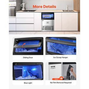 เครื่องทำน้ำแข็งสำหรับครัวเชิงพาณิชย์ 90 ปอนด์/24 ชม. พร้อมที่เก็บน้ำแข็ง 33 ปอนด์ 50 ก้อน ใช้เวลา 15 นาที หน้าจอ LED ดิจิตอล - Product Image 6