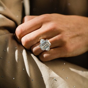 <b>Emerald</b> Cut Three Stone Lab Grown Diamond Sterling <b>Silver</b> Calf Cut Diamond Side Engagement Wedding Anniversary Luxury <b>Ring</b> - Product Image 5