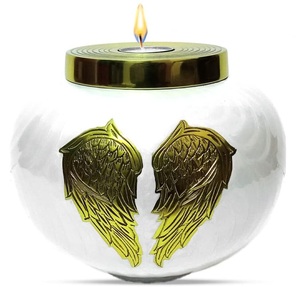 Urnes funéraires en métal blanches avec ailes d'ange argentées gravées, style américain/européen, pour cendres de crémation, pour bougies chauffe-plat rondes. - Product Image 2