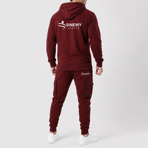 ชุดวอร์มมีฮู้ดสีแดงเลือดหมูสำหรับผู้ชาย SINEWY SPORTS แบบซิปเต็มตัว สีพื้นเรียบง่าย กางเกงจ็อกเกอร์มีกระเป๋าข้าง ทรงปกติ เหมาะสำหรับใส่ในฤดูหนาว - Product Image 2