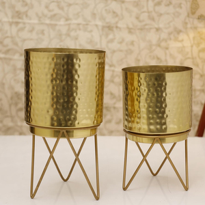 Juego de Macetas de Metal Dorado Martillado con Soporte, Macetas de 12 Pulgadas y 10 Pulgadas (Altura) por 7 Pulgadas y 6 Pulgadas (Diámetro) para Sala de Estar - Product Image 3