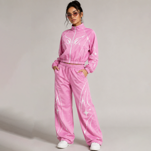 Custom Pink Windbreaker <b>Jacket</b> And Wide Leg Pants Set With <b>Star</b> Print Track Suit Design For Unisex Comfort Wear - Product Image 4