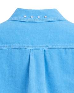 Veste en jean courte bleu ciel personnalisée pour femme avec empiècement orné de strass, boutonnée, manches longues, style streetwear décontracté - Product Image 6