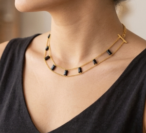 Collier ras du cou en onyx noir naturel plaqué or 18 carats |   Pierres précieuses certifiées naturelles - Product Image 2