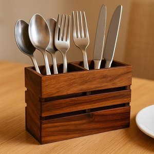 Porte-ustensiles en bois, support à couverts, organisateur de cuillères, fourchettes et couteaux, rangement pour comptoir de cuisine, boîte en bois rustique - Product Image 2