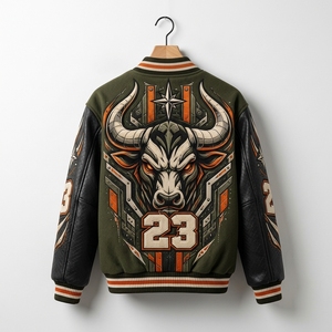 Veste de baseball verte pour homme, veste de baseball en laine avec manches en cuir, design brodé, veste bomber d'équipe - Product Image 2
