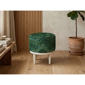 Bohemian Round Fabric <b>Pouf</b> With Abstract Geometric Pattern Wooden Legs Living Room Decor - Product Image 5