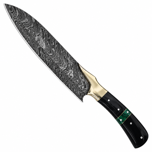 Black and Green Handle Damascus Pattern Hunting Knife with Gold Guard Silver Gray Pointed Blade <b>Outdoor</b> Utility Cutting Tool - Product Image 1