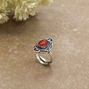SHYAM JEWELRS Handmade 925 Silver Plated Natural Red Coral <b>Statement</b> <b>Ring</b> Antique Boho & Hippie Gemstone for Unisex - Product Image 4