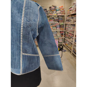 Blazer en velours côtelé bleu pour femme, col châle, manches trois quarts, longueur courte, couleur unie, vêtement d'automne, cadeau pour elle - Product Image 3