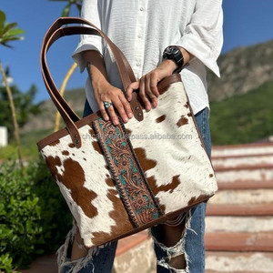 2025 New Customized Hand Tooled Carving Women's Tote Bag High Quality Real Cowhide Fur Leather Bag Big Size Tote Bags for <b>Ladies</b> - Product Image 3