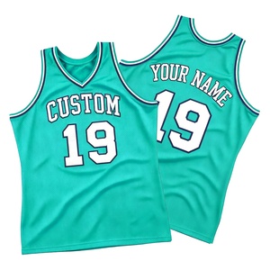 Maillot de basket-ball personnalisé bleu sarcelle unisexe pour adulte, sans manches, en maille, imprimé par sublimation, numéro 19, respirant, col en V - Product Image 1
