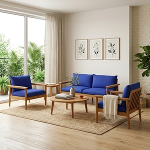 Ensemble de chaises de salon en teck massif avec coussins bleus, fauteuils de patio extérieurs faits à la main, ensemble de meubles de salon - Product Image 2