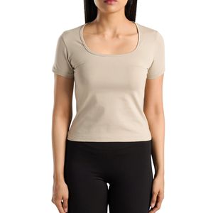 Camiseta Deportiva Personalizada para Mujer, Color Beige, Corte Ajustado, Manga Corta, Cuello Redondo, Elástica, Transpirable, Suave, para Gimnasio, Fitness y Yoga - Product Image 1