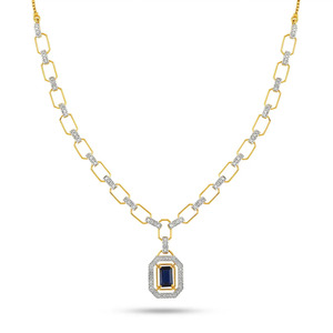 Collier pendentif en diamant bleu royal style émeraude avec double halo géométrique et design de chaîne à maillons - Product Image 2