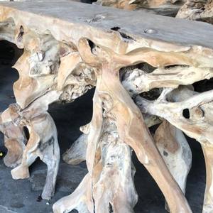 Table console en racine de teck naturelle, table de luxe sculptée à la main en bois massif à bords naturels, mobilier d'entrée en bois massif organique pour villa - Product Image 4