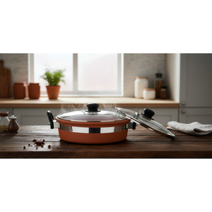 Kadai en terre cuite fait main avec couvercle en verre, résistant à la chaleur, écologique, antiadhésif, facile à nettoyer, compatible avec toutes les cuisinières, lavage à la main uniquement - Product Image 2