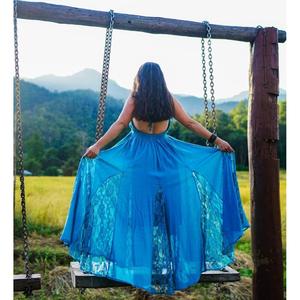 Robe longue bohème bleue pour femme, sans manches, avec empiècements en dentelle, idéale pour l'été, la plage, les vacances et les festivals - Product Image 4