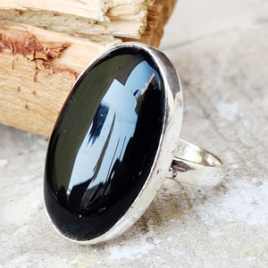 <b>Large</b> Oval Black Onyx Gemstone <b>Ring</b> 925 Silver Bold Statement Jewelry - Product Image 3