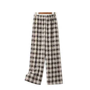 Checked Straight Pants Mid Elastic Waist Flannel <b>Trousers</b> Loose Fit Streetwear Bottoms Breathable Cotton Casual Wear ODM - Product Image 3